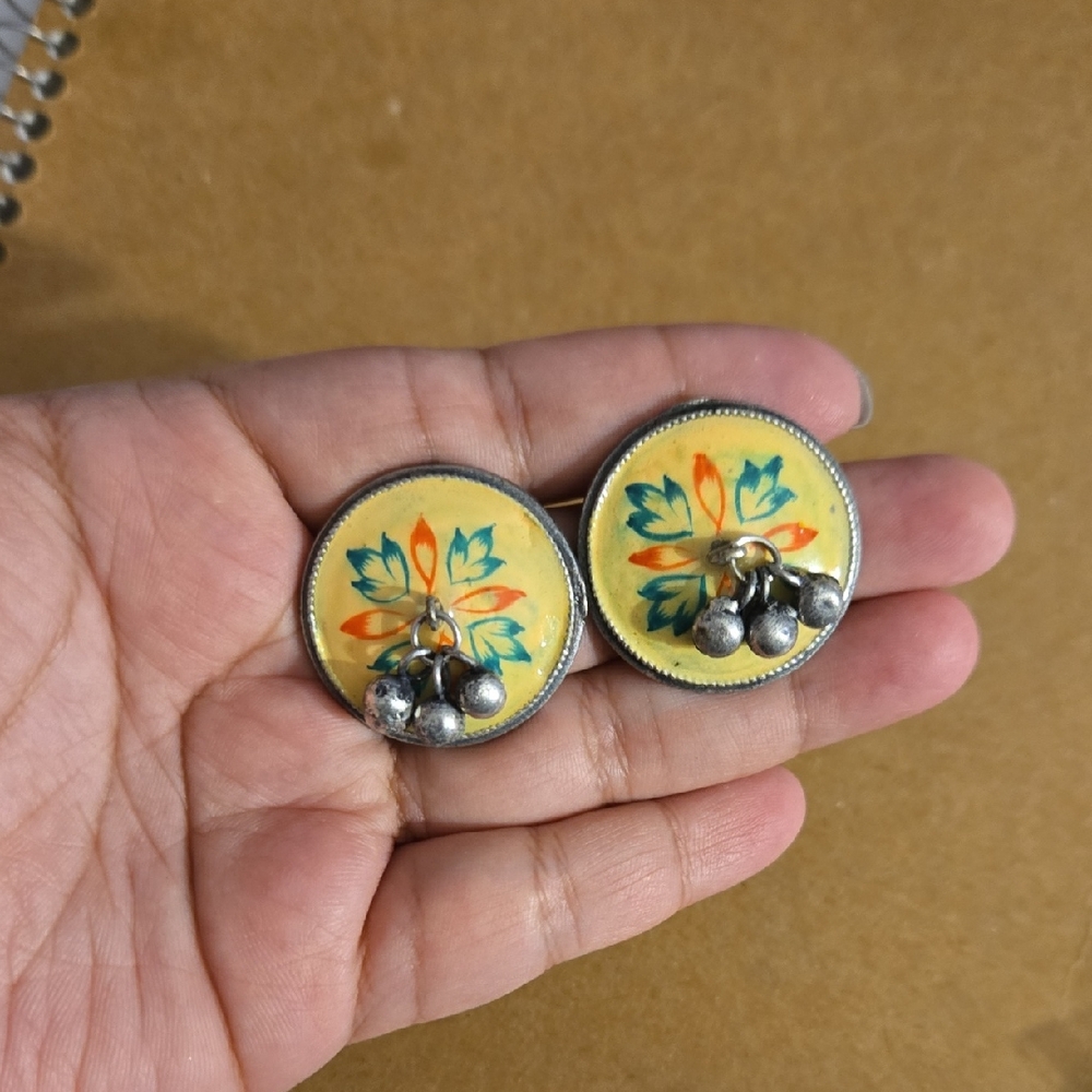 Indian Hand-Painted Yellow Floral Earrings with Silver Jhumka Accents